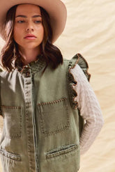 SO ME Washed Denim Stitch Ruffled Hidden Button Vest Top OutfitFlow